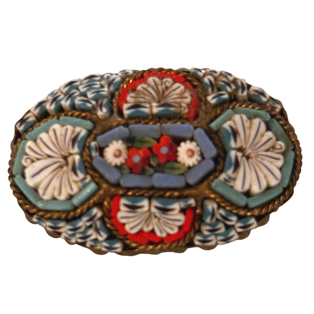 Antique Micro Mosaic Floral Brooch Italy Stamped Gold Tone Oval Pin Blue Red